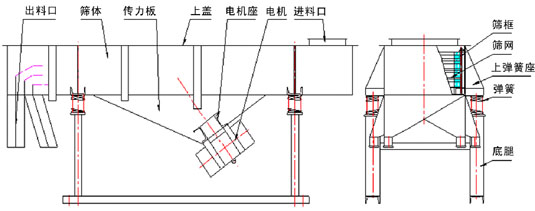 直線振動篩內(nèi)部結(jié)構(gòu)：出料口，篩體，傳力板，上蓋，電機座，電機，進料口，篩框，篩網(wǎng)，上彈簧座，彈簧，底腿。