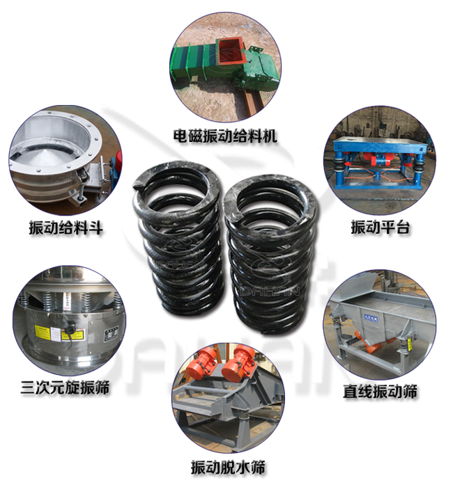 旋振篩減震彈簧適用產(chǎn)品：振動(dòng)給料機(jī)，電磁振動(dòng)給料機(jī)，振動(dòng)平臺(tái)，直線振動(dòng)篩，振動(dòng)脫水篩，三次元旋振篩。