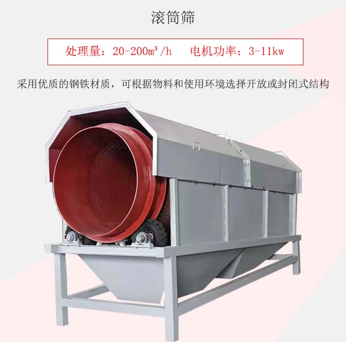 滾筒篩采用優(yōu)質的鋼鐵材質，可根據物料和使用環(huán)境選擇開放或封閉式結構