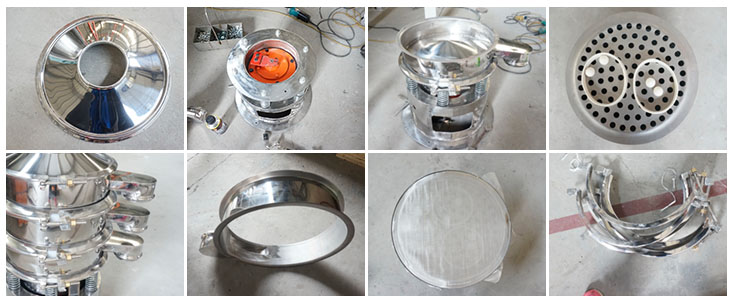 不銹鋼振動篩結(jié)構(gòu)展示：防塵蓋，出料口，閘門，篩網(wǎng)于彈跳球，底座，振動彈簧等。