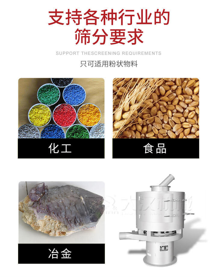 氣流篩用于礦粉，石墨粉，活性納米碳酸鈣，鋁灰，大豆粉，碳酸重鈣，石墨粉，木粉，干草，重金石粉，藥粉末，橡膠顆粒，草酸鹽，干料粉，木粉，聚酯粉，干粉，塑料，金屬粉末，橡膠粉，粉煤灰，石墨粉，陶瓷粉，鋅粉，石英粉，石灰粉，鐵粉，金屬硅粉等。