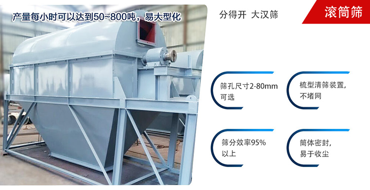 滾筒篩分開放式,封閉式兩種選擇無塵篩分。無軸滾筒：適用生活垃圾等一些有一定纏繞性物料;有軸滾筒：適用石料，砂土等含水量較少的物料