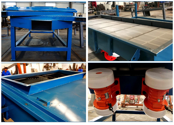 方形振動(dòng)篩出料口，篩網(wǎng)和網(wǎng)架，進(jìn)料口，振動(dòng)電機(jī)等細(xì)節(jié)展示。