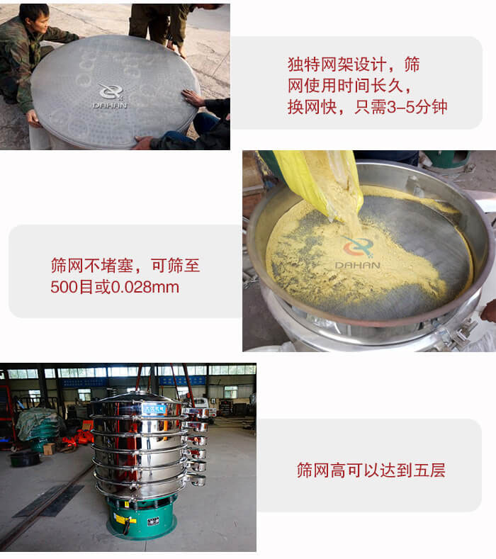 三次元振動(dòng)篩的特點(diǎn)：篩網(wǎng)使用時(shí)間長(zhǎng)換讓時(shí)間短，篩網(wǎng)不堵塞，可篩至500目或0.028mm。