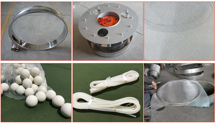 800型全不銹鋼振動篩配件有：振動篩篩框，電機，不銹鋼篩網等。