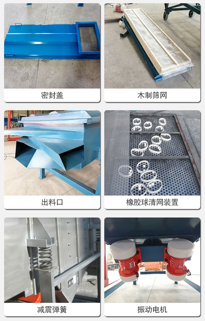 直線篩結(jié)構(gòu)展示：篩網(wǎng)，篩箱，振動電機，振動電機座，減震彈簧，支架等部件展示圖