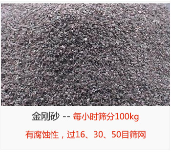 篩分金剛砂每小時100kg，有腐蝕性，過16、30、50目篩網(wǎng)