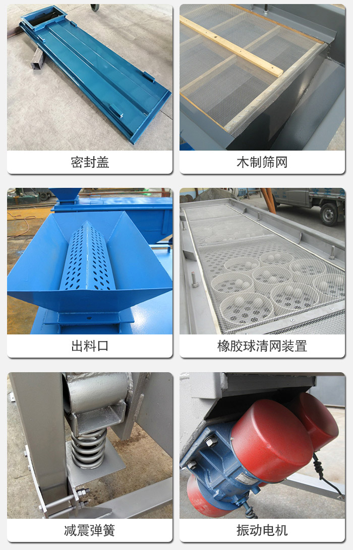 直線篩分機(jī)的結(jié)構(gòu)展示圖：篩箱是物料主要篩分設(shè)備之一，篩網(wǎng)用于篩分物料，振動(dòng)電機(jī)幫助篩網(wǎng)篩分。