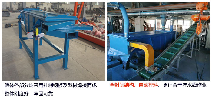 直線篩分機(jī)篩體各部分均采用扎制鋼板及型材焊接而成整體剛度好，牢固可靠；全封閉結(jié)構(gòu)、自動(dòng)排料、更適合于流水線作業(yè)。