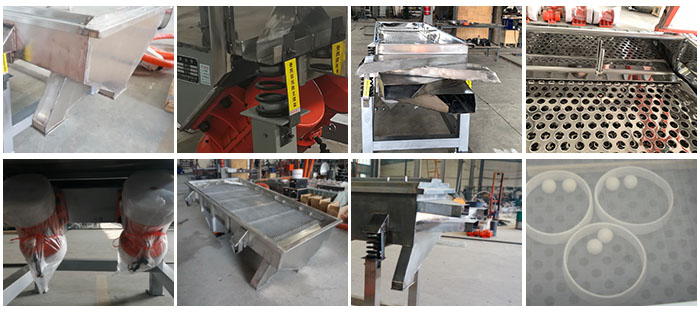 不銹鋼直線篩不同定制出料口，電機，篩網(wǎng)，篩箱，彈跳球等部件細節(jié)展示