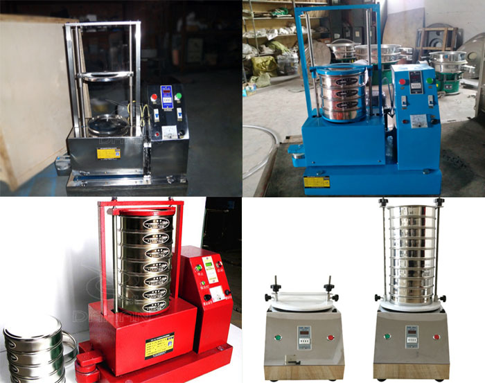 三種不同類型的試驗(yàn)篩，區(qū)別控制臺(tái)在下部或在右側(cè)。材質(zhì)為不銹鋼和碳鋼兩種，碳鋼材質(zhì)做了噴漆有：紅色和藍(lán)色兩種。