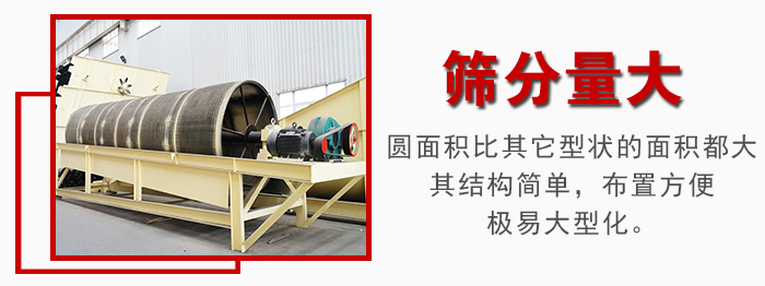 滾筒篩篩分產(chǎn)量大，產(chǎn)量可達(dá)200噸/時