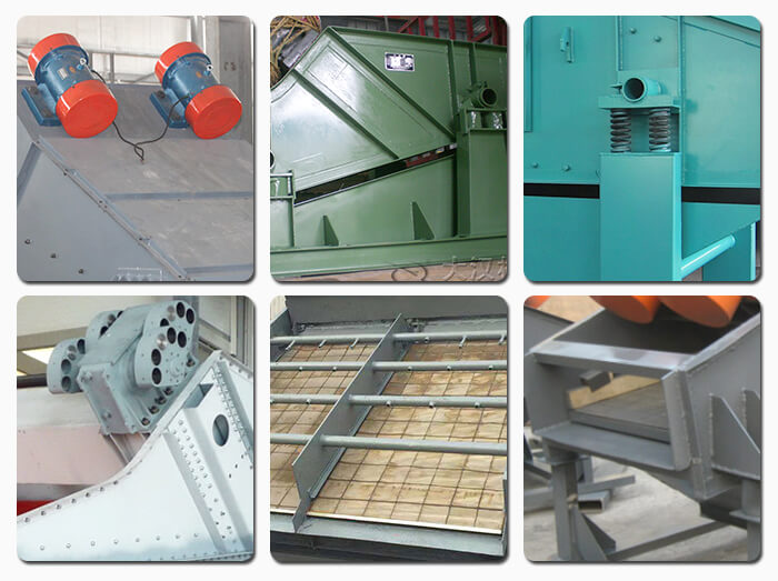 礦用振動(dòng)篩主要由激振器、篩體、篩網(wǎng)、減振裝置及座架等組成。篩箱由篩框、篩板、襯板等組成