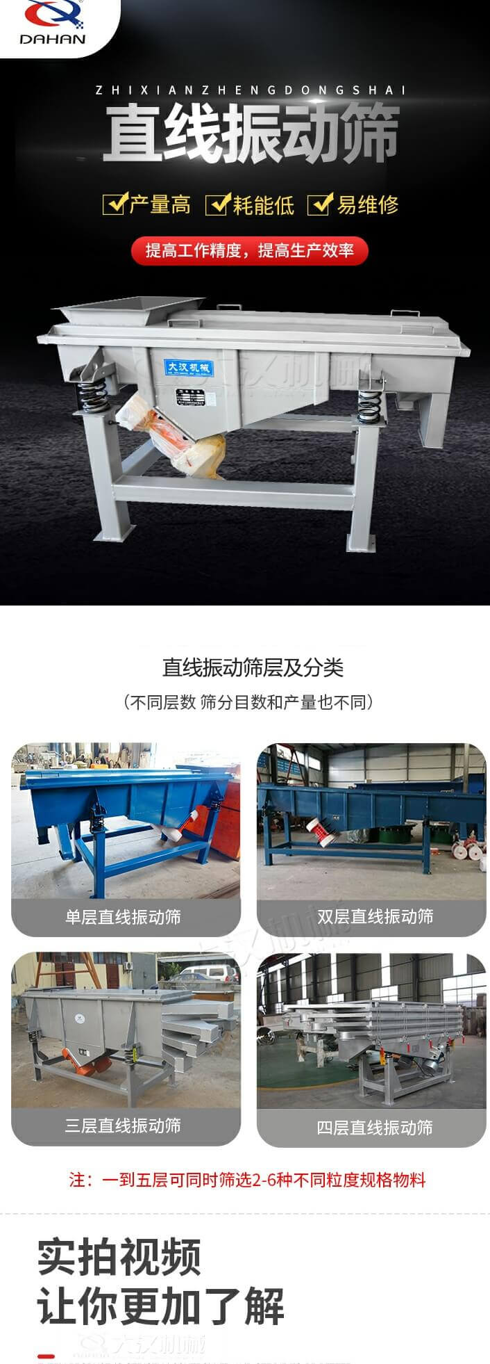 直線振動(dòng)篩概述，產(chǎn)量高，耗能低，易維修，提高工作精度，提高生產(chǎn)效率，直線振動(dòng)篩層級(jí)分類：不同層數(shù)，篩分目數(shù)和產(chǎn)量也不同：?jiǎn)螌?，雙層，三層，四層等。