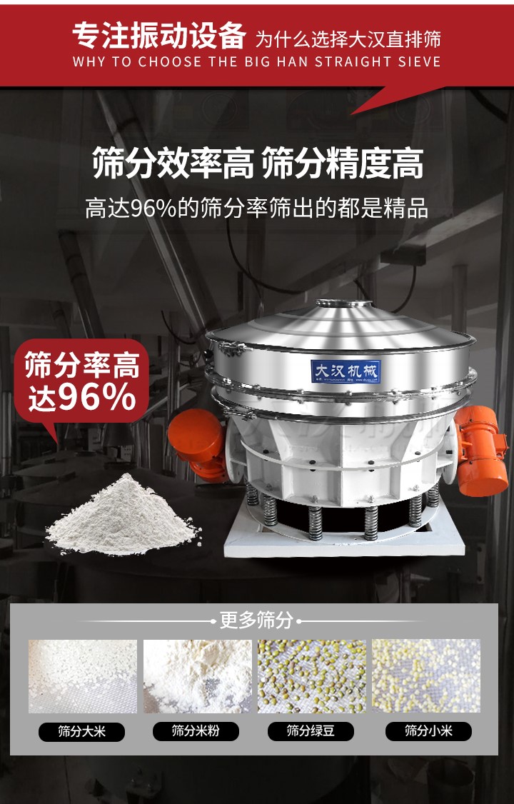 直排篩適用物料有面粉，淀粉，洗衣粉，金屬粉，添加劑，化工，非礦等行業(yè)。