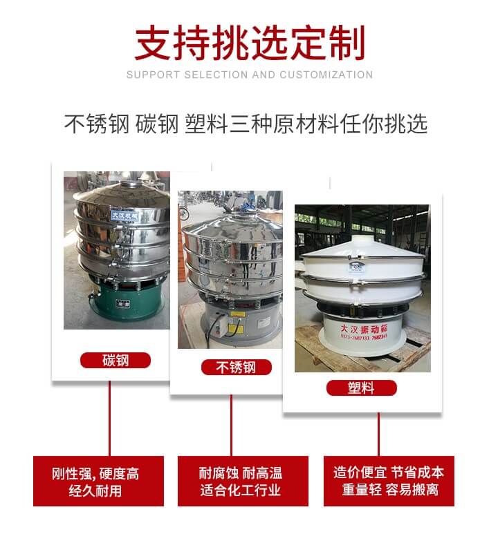 旋振篩可配置一到四層的篩網(wǎng)。旋振篩的篩分效率高，篩分精度高，篩分率高達(dá)96%。