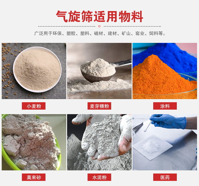 氣旋篩適用物料：小麥粉，麥芽糖粉，涂料，等粉狀物料。