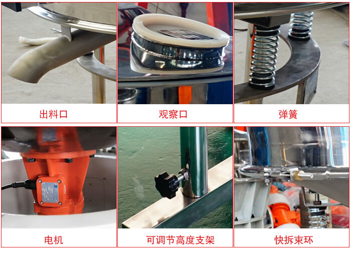 高頻篩細(xì)節(jié)展示：出料口，觀察口，彈簧，電機(jī)，可調(diào)節(jié)高度支架，快拆束環(huán)。