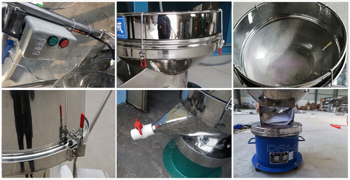 過濾篩細節(jié)展示：控制開關，篩框，出料口閥門，底座等